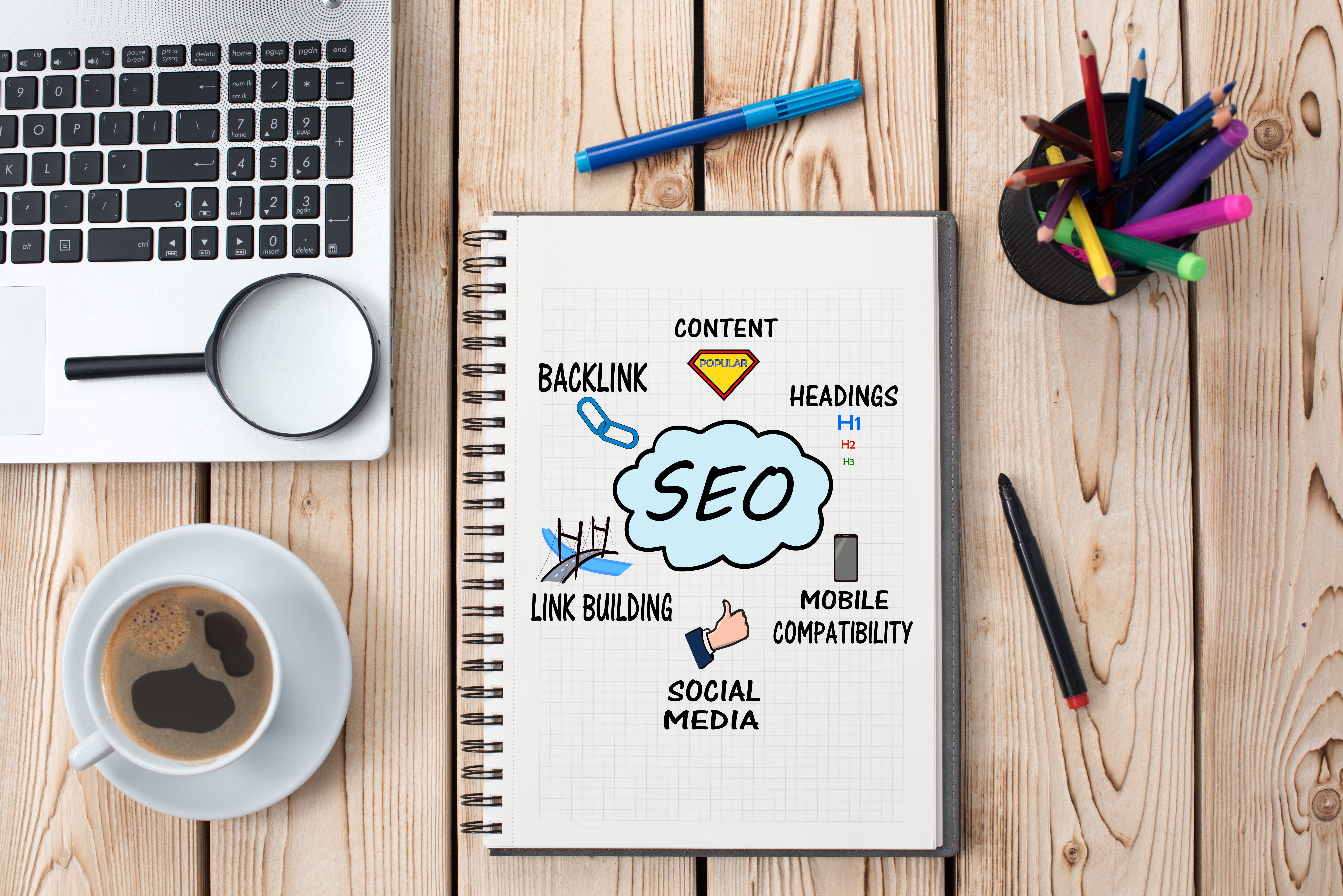 SEO contain backlinks, content, headings, mobile compatibility, social media, and link building